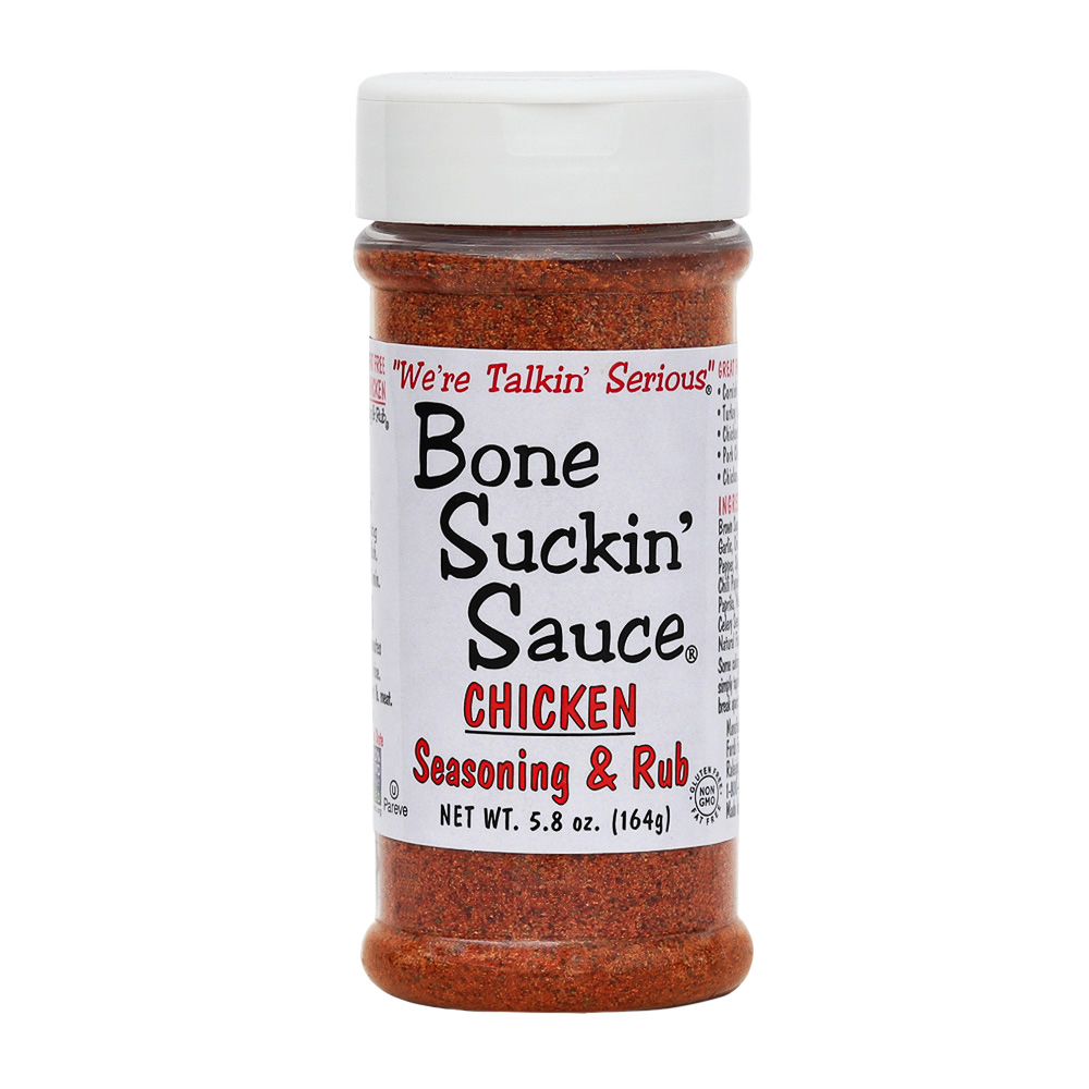 Bone Suckin'® Chicken Seasoning & Rub, 5.8 oz. A lighter blend of the brown sugar, paprika and spices found in the Original Seasoning & Rub, garlic and sage come to the forefront of our poultry blend. While it’s perfect on chicken, turkey, and fish, like our other seasoning & rub products, it’s versatile enough to be used on just about anything.