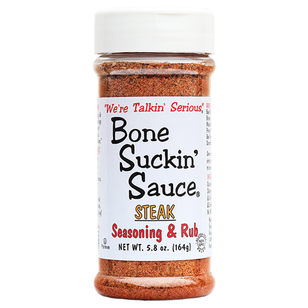  Bone Suckin'® Steak Seasoning & Rub, 5.8 oz. "Good Grilling recipes come from backyard cookouts with good friends.” This was the inspiration for our Bone Suckin’® Steak Seasoning & Rub. Our perfect blend of seasonings and spices is all you need to bring out the great flavor in your favorite steak.  Use amply for that Bone Suckin'® flavor. "Turn your home into a steak house tonight." Versatile enough to be used on just about anything – Try it on Potatoes!