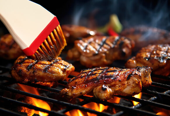 Chicken on the grill getting brushed with sauce
