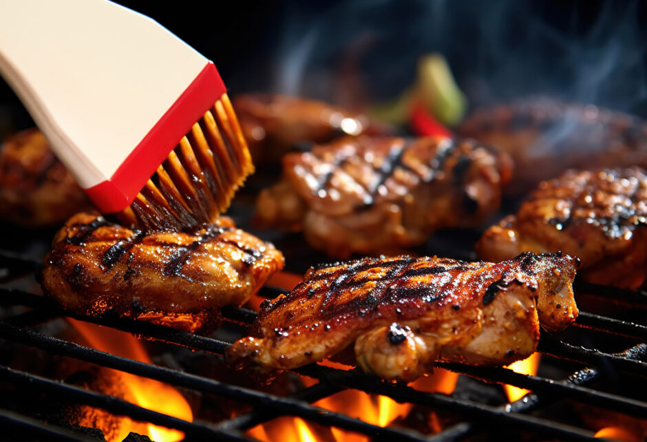 Chicken on the grill getting brushed with sauce