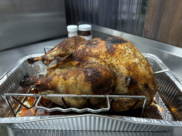 Crispy turkey in an aluminum baking pan
