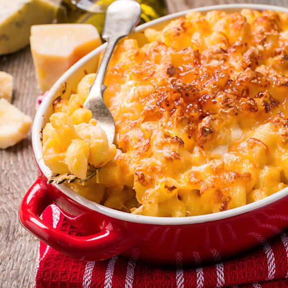 Hot Honey Mac n Cheese in a casserole dish