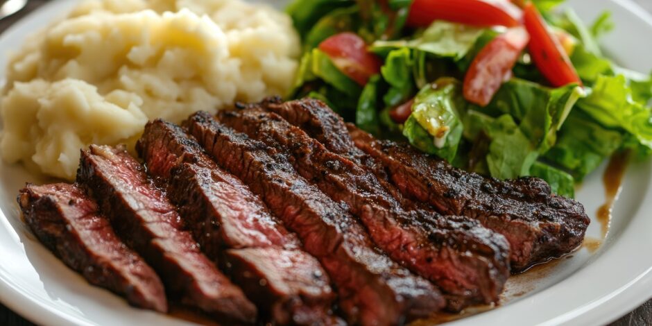 Bone Suckin' Eastern Vinegar Grilled Flank Steak with potatoes and salad.