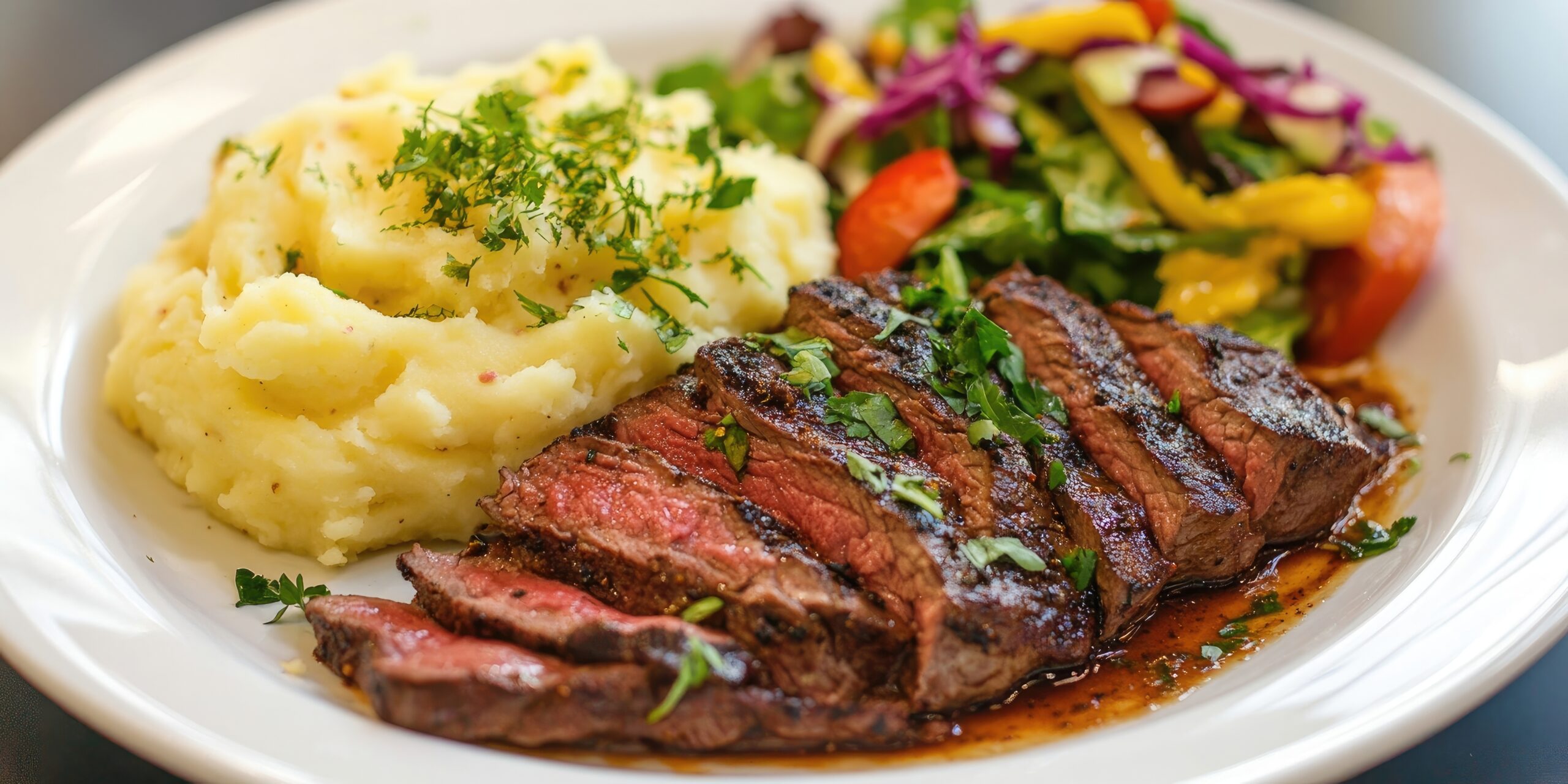 Eastern Vinegar flank steak with potatoes and salad